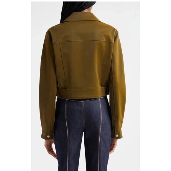 Cinq a Sept Palo Faux Leather Biker Moto Jacket Size Small Olive Green Cropped - Picture 2 of 12